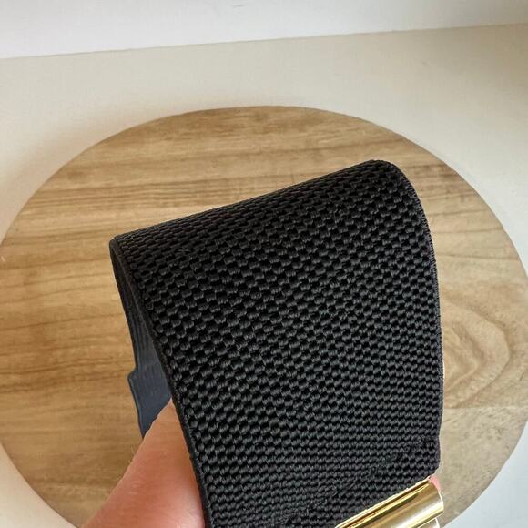 Black Thick Wide Stretchy Golden Slide Buckle Belt Size Small - Picture 3 of 8